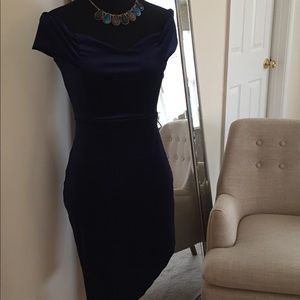 Asymmetrical Navy Blue Velvet Off Shoulder Dress